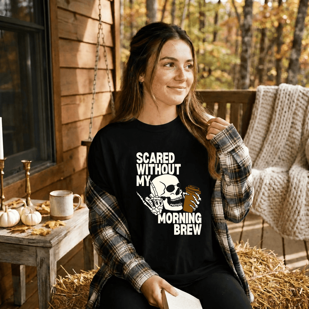 Scared Without My Morning Brew Skeleton Shirt | Halloween Coffee Graphic Tee - Kelso Designs