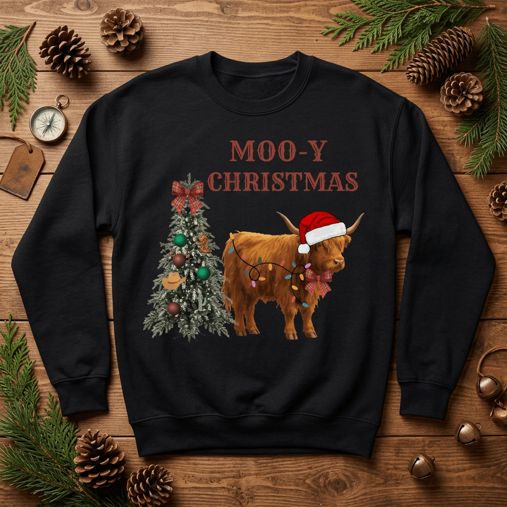 Cow Christmas Sweatshirt — "MOO-Y Christmas" Holiday Crewneck - Kelso Designs