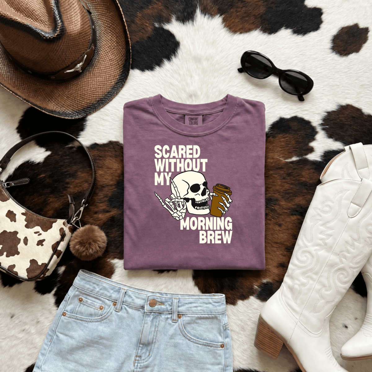 Scared Without My Morning Brew Skeleton Shirt | Halloween Coffee Graphic Tee - Kelso Designs