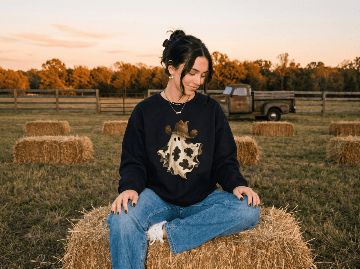 Cow Print Cowboy Ghost Crewneck Sweatshirt | Western Halloween Sweatshirt - Kelso Designs