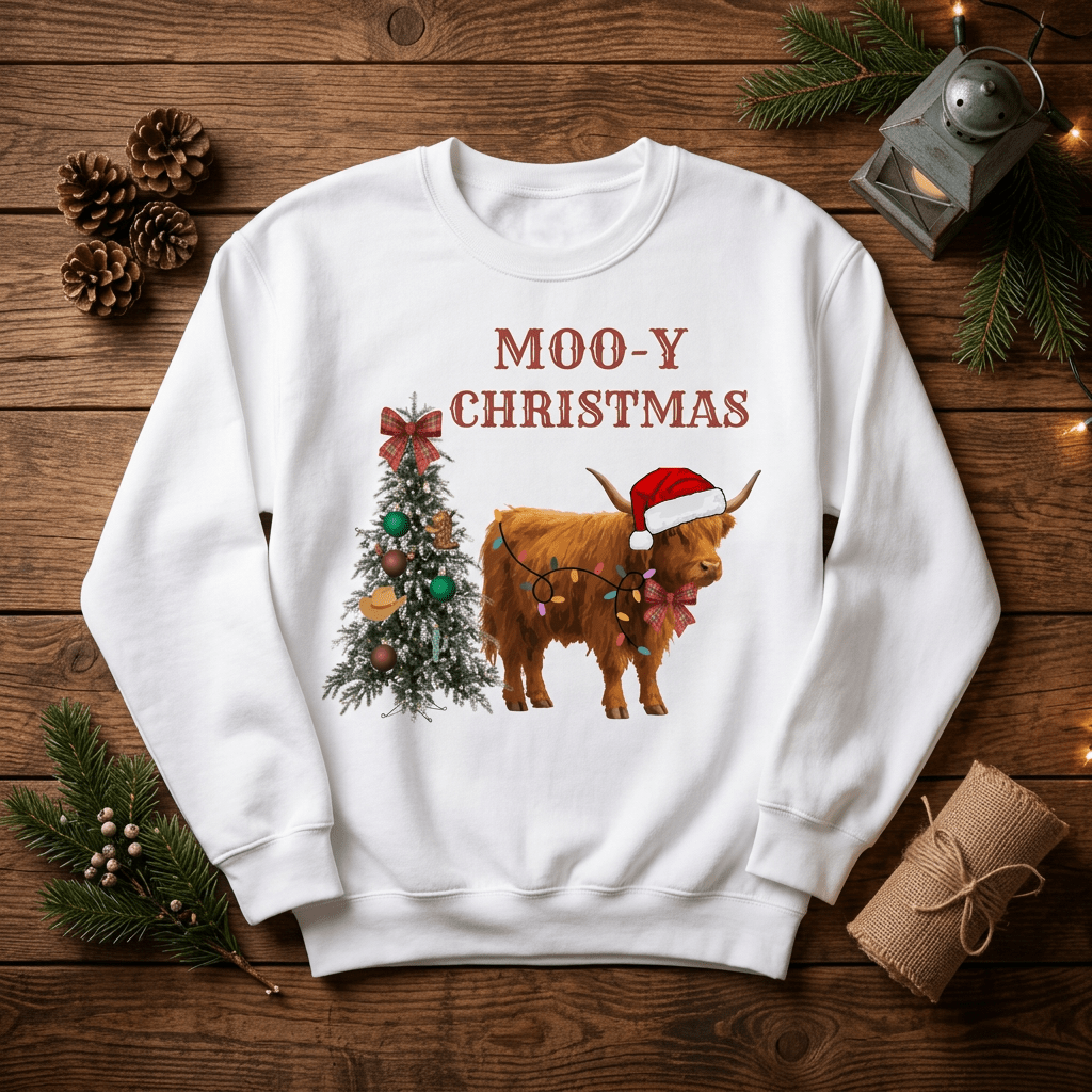 Cow Christmas Sweatshirt — "MOO-Y Christmas" Holiday Crewneck - Kelso Designs