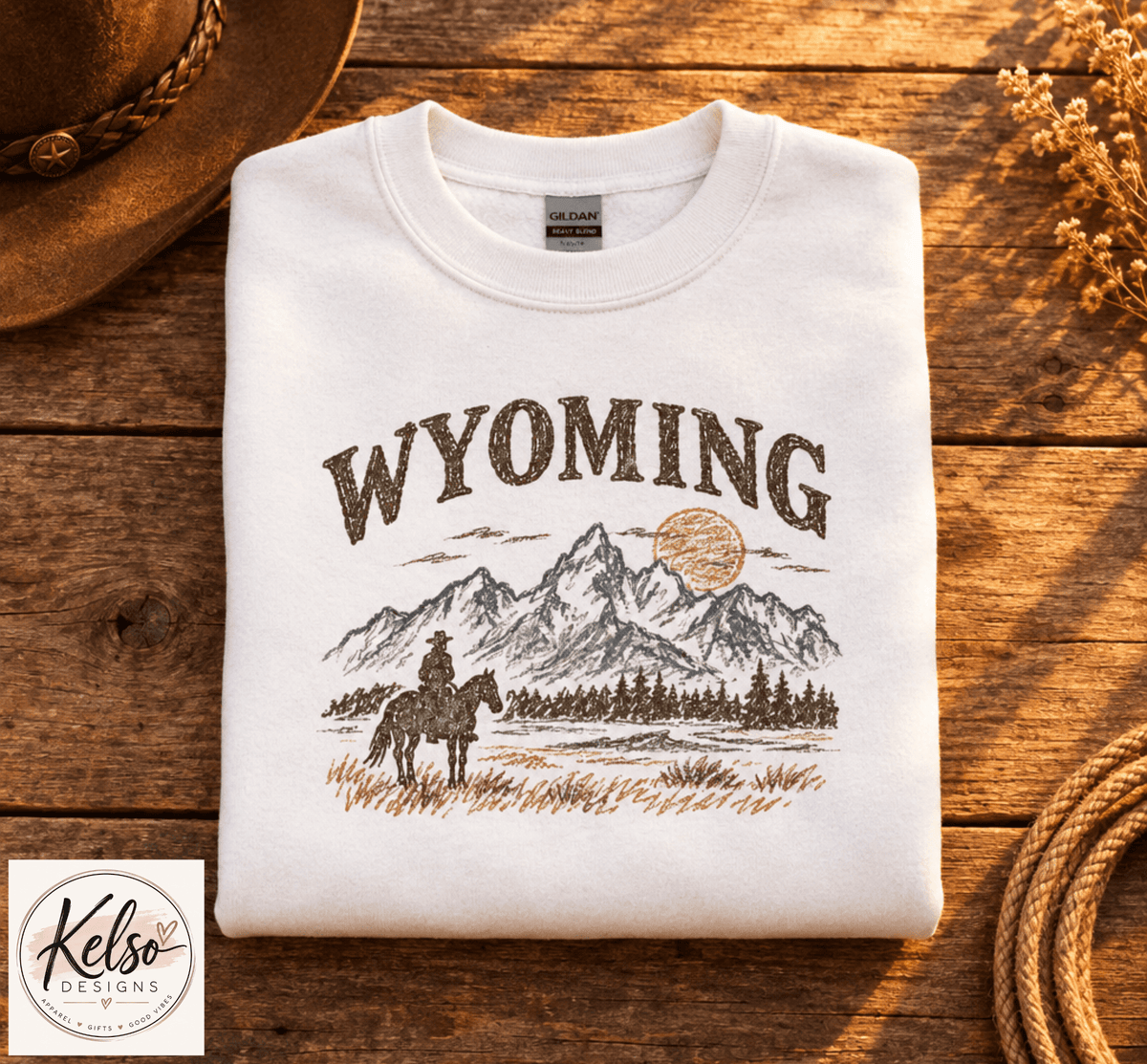 Youth Wyoming Sketched Cowboy Graphic Sweater | Western Mountain Horse Pullover for Kids - Kelso Designs
