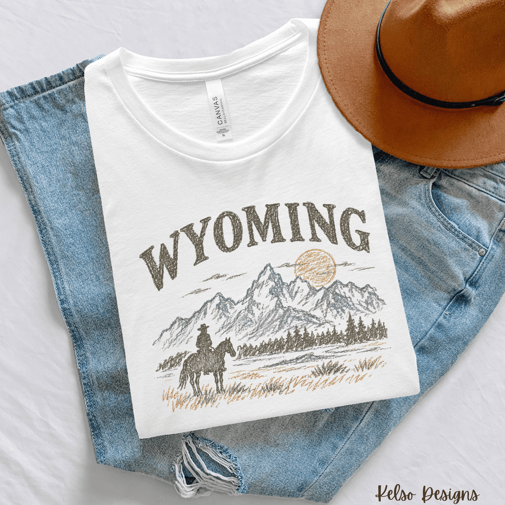 Wyoming Cowboy Graphic Tee | Western Mountain Shirt - Kelso Designs