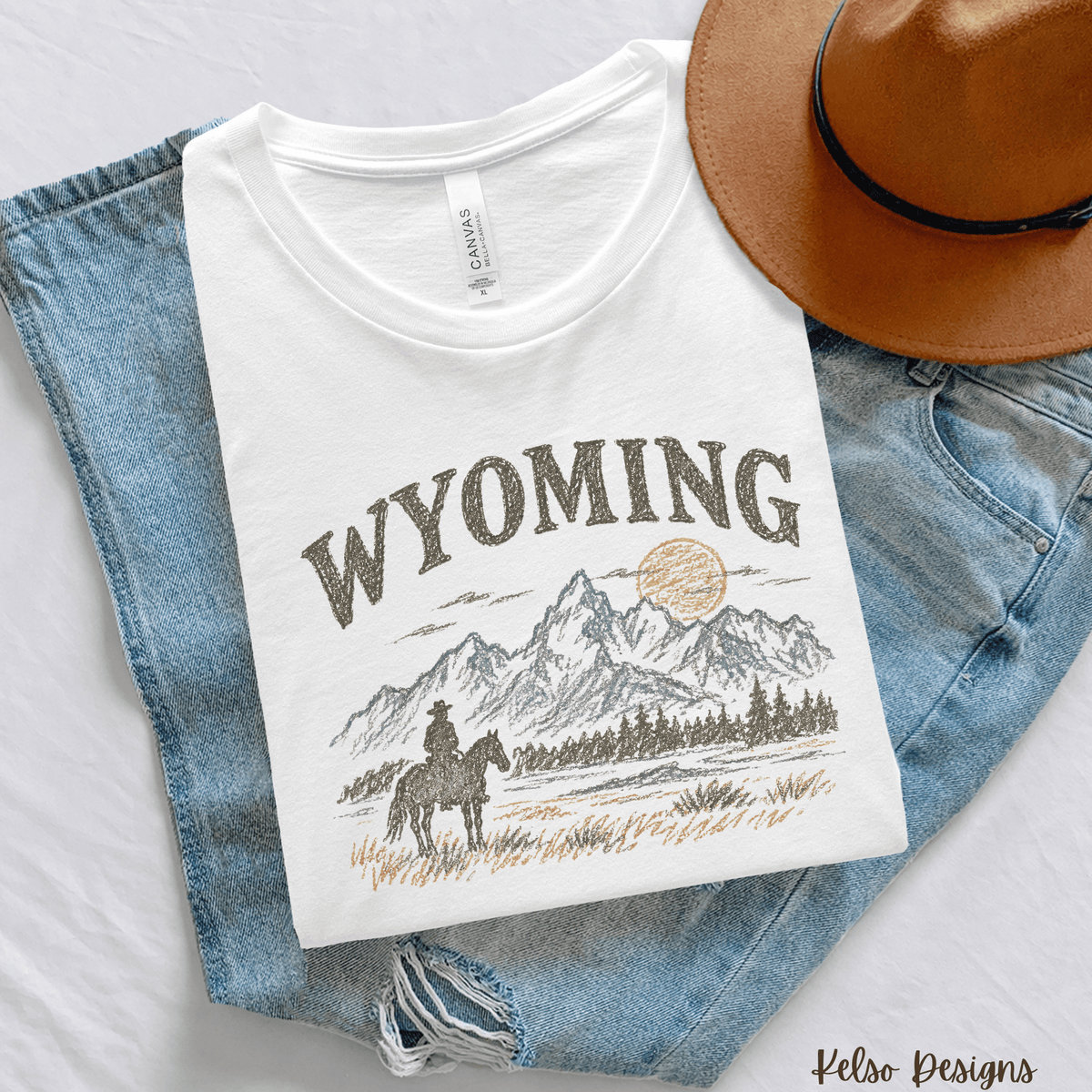 Wyoming Cowboy Graphic Tee | Western Mountain Shirt - Kelso Designs