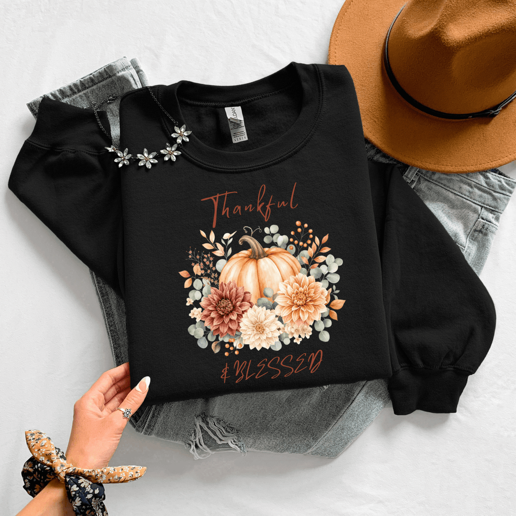 Thankful Blessed Pumpkin Floral Fall Crewneck Sweatshirt - Kelso Designs