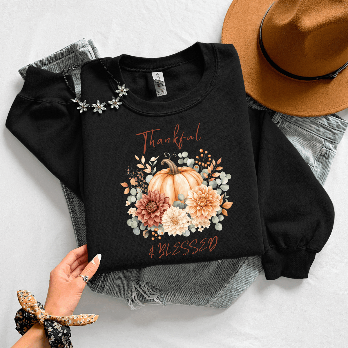 Thankful Blessed Pumpkin Floral Fall Crewneck Sweatshirt - Kelso Designs
