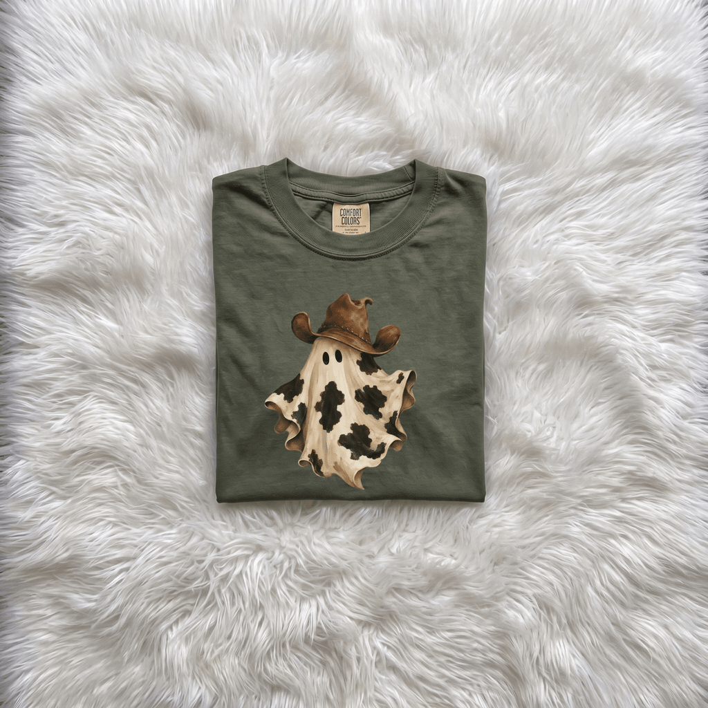 Cow Print Ghost with Cowboy Hat Graphic Tee | Funny Western Halloween Shirt - Kelso Designs