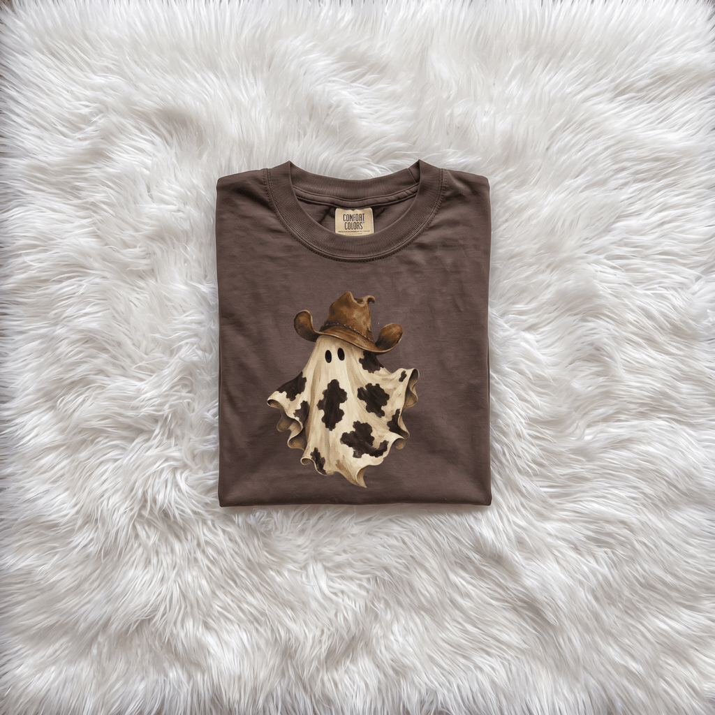 Cow Print Ghost with Cowboy Hat Graphic Tee | Funny Western Halloween Shirt - Kelso Designs