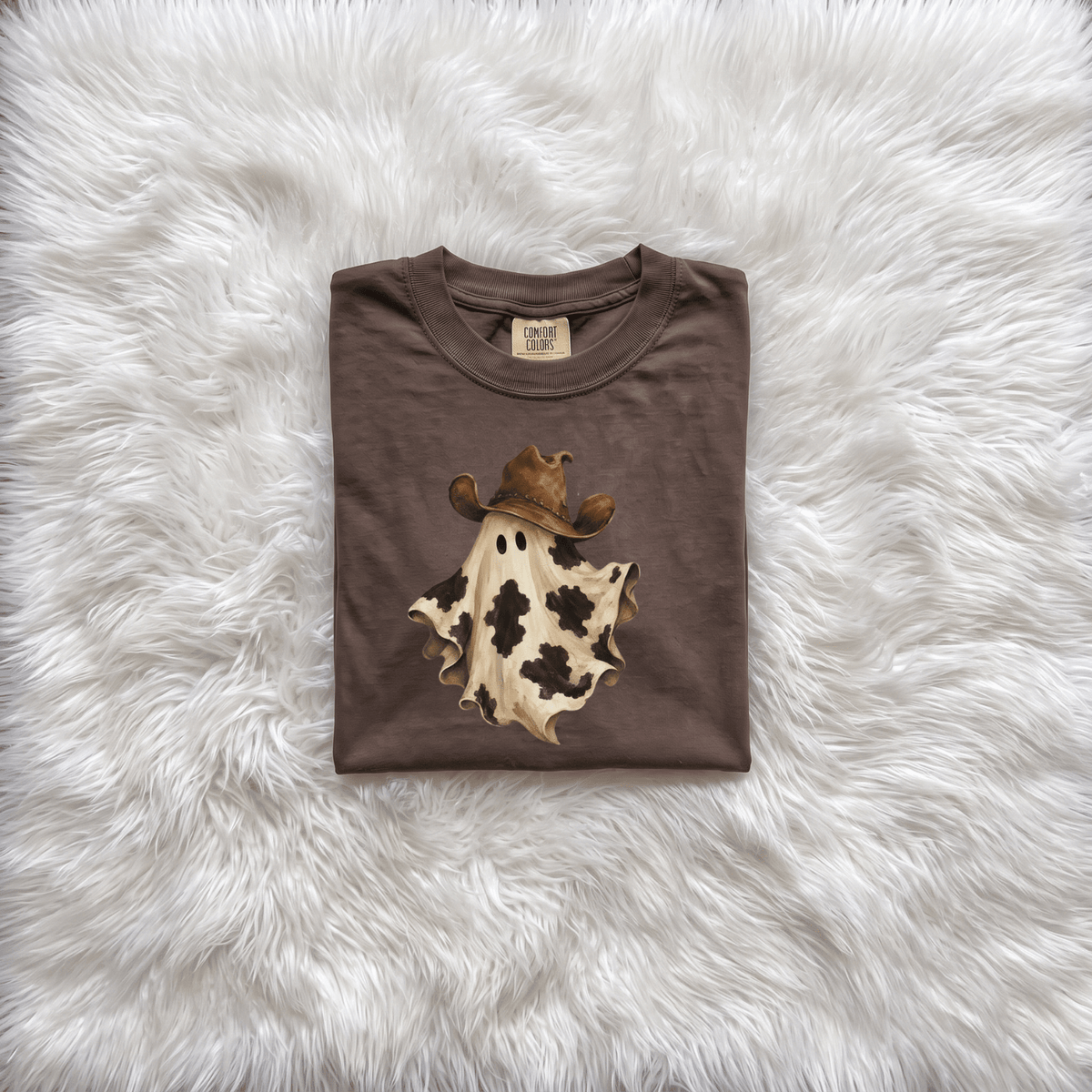 Cow Print Ghost with Cowboy Hat Graphic Tee | Funny Western Halloween Shirt - Kelso Designs
