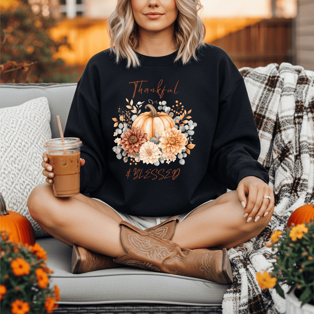 Thankful Blessed Pumpkin Floral Sweatshirt | Fall Crewneck - Kelso Designs