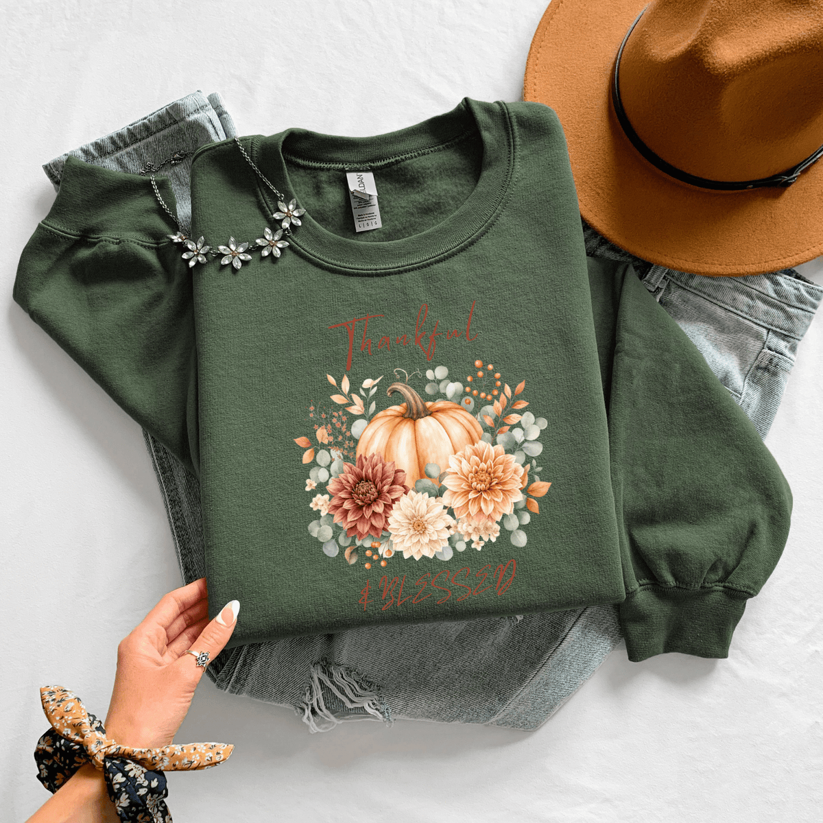 Thankful Blessed Pumpkin Floral Fall Crewneck Sweatshirt - Kelso Designs