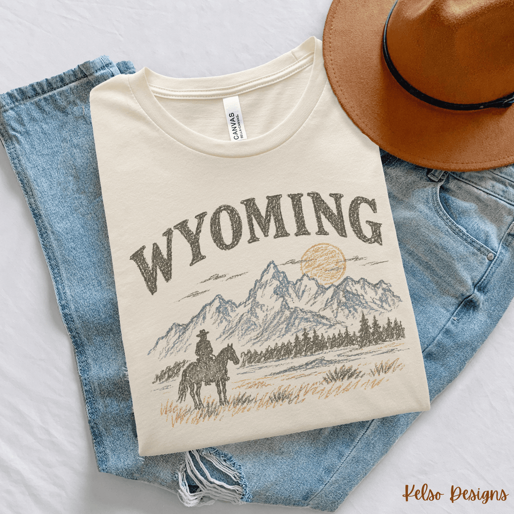 Wyoming Cowboy Graphic Tee | Western Mountain Shirt - Kelso Designs