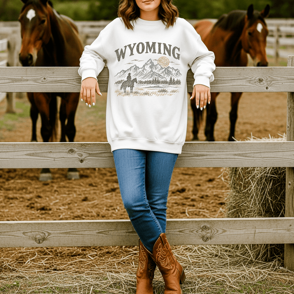 Wyoming Cowboy Sweater | Vintage Western Horse & Mountain Graphic Pullover - Kelso Designs