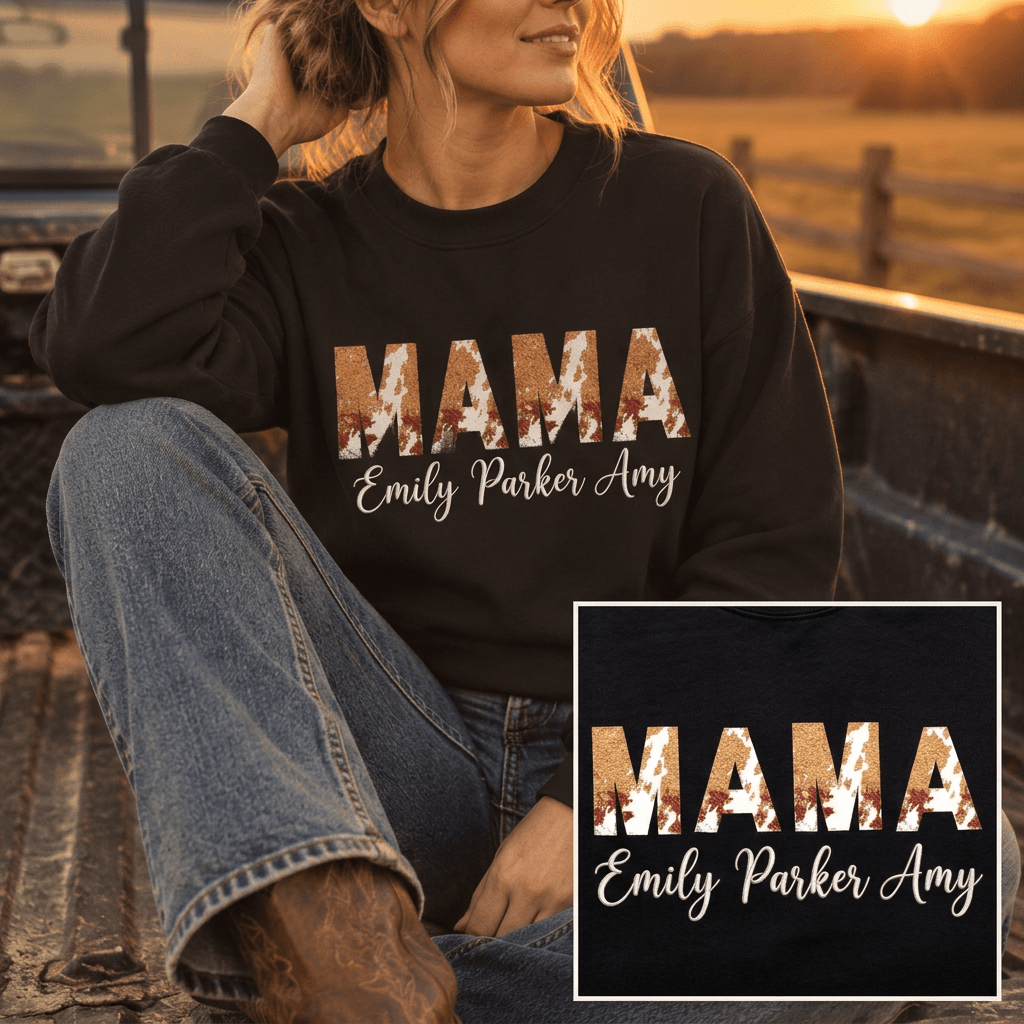 Personalized Cow Print 'MAMA" Sweatshirt With Kids Names - Kelso Designs