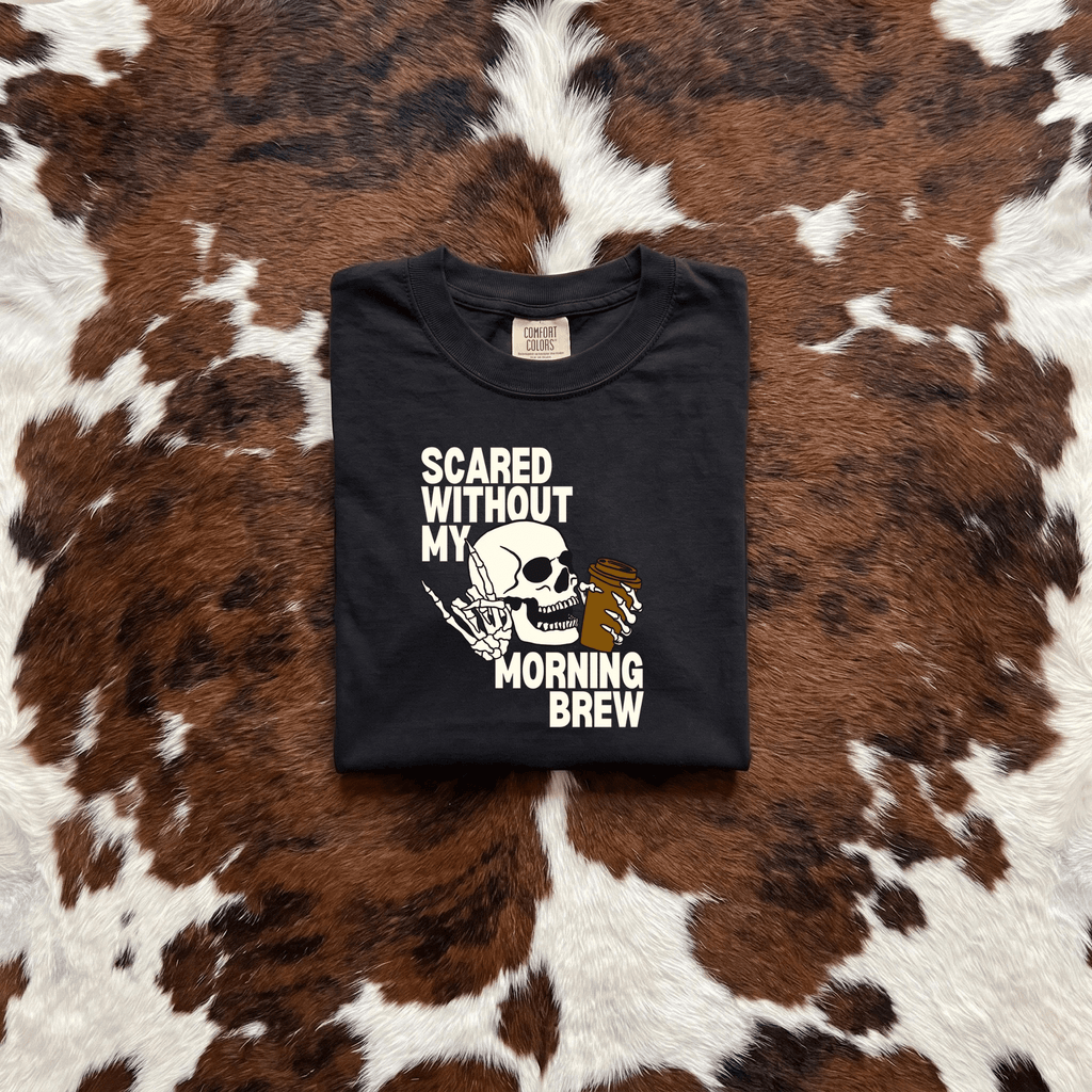 Scared Without My Morning Brew Skeleton Shirt | Halloween Coffee Graphic Tee - Kelso Designs
