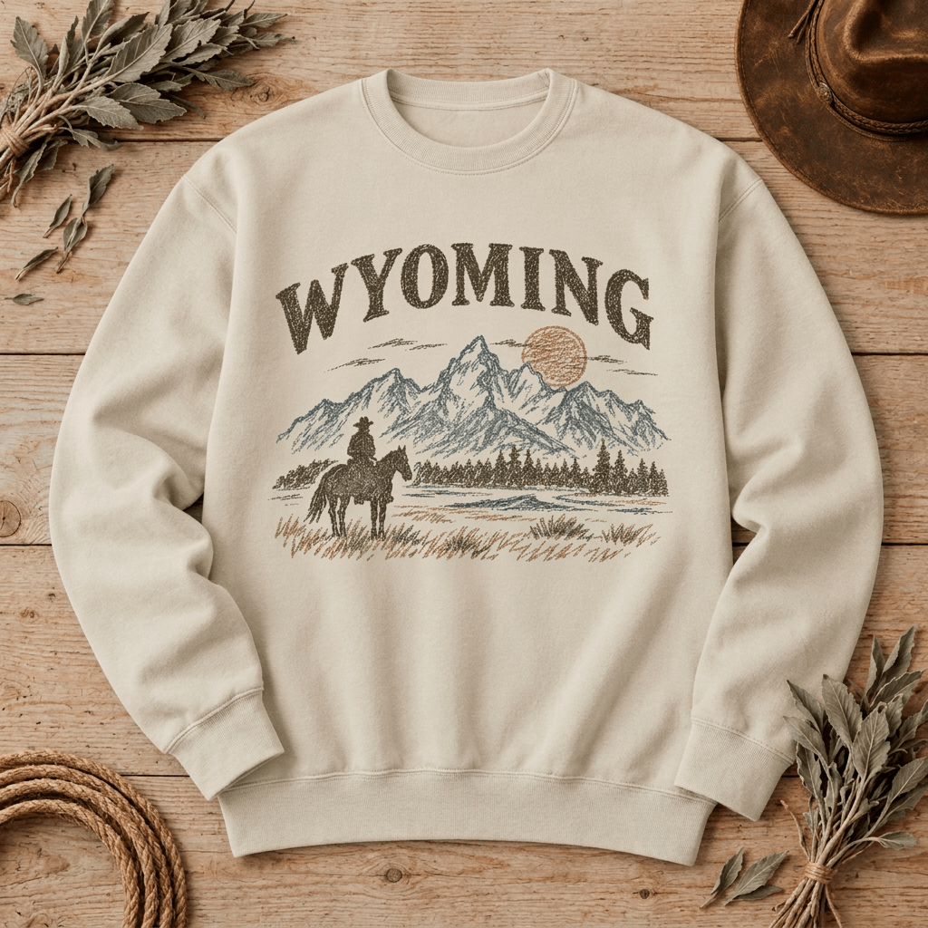 Wyoming Cowboy Sweater | Vintage Western Horse & Mountain Graphic Pullover - Kelso Designs