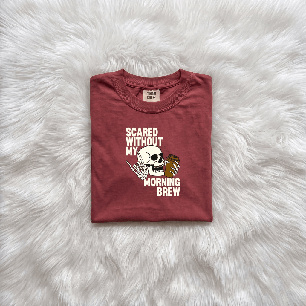 Scared Without My Morning Brew Skeleton Shirt | Halloween Coffee Graphic Tee - Kelso Designs