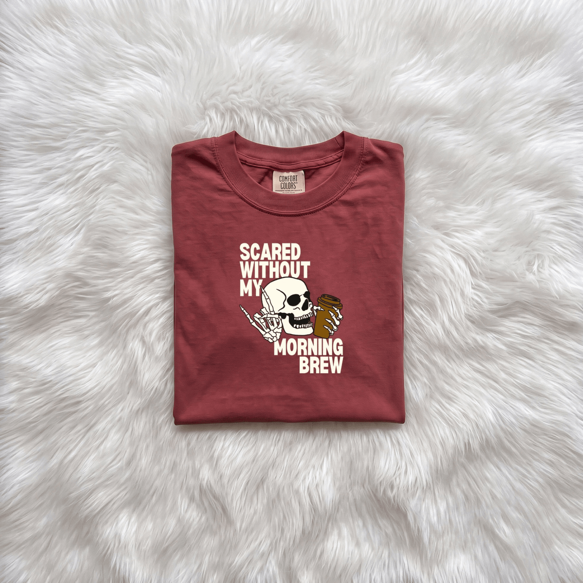 Scared Without My Morning Brew Skeleton Shirt | Halloween Coffee Graphic Tee - Kelso Designs