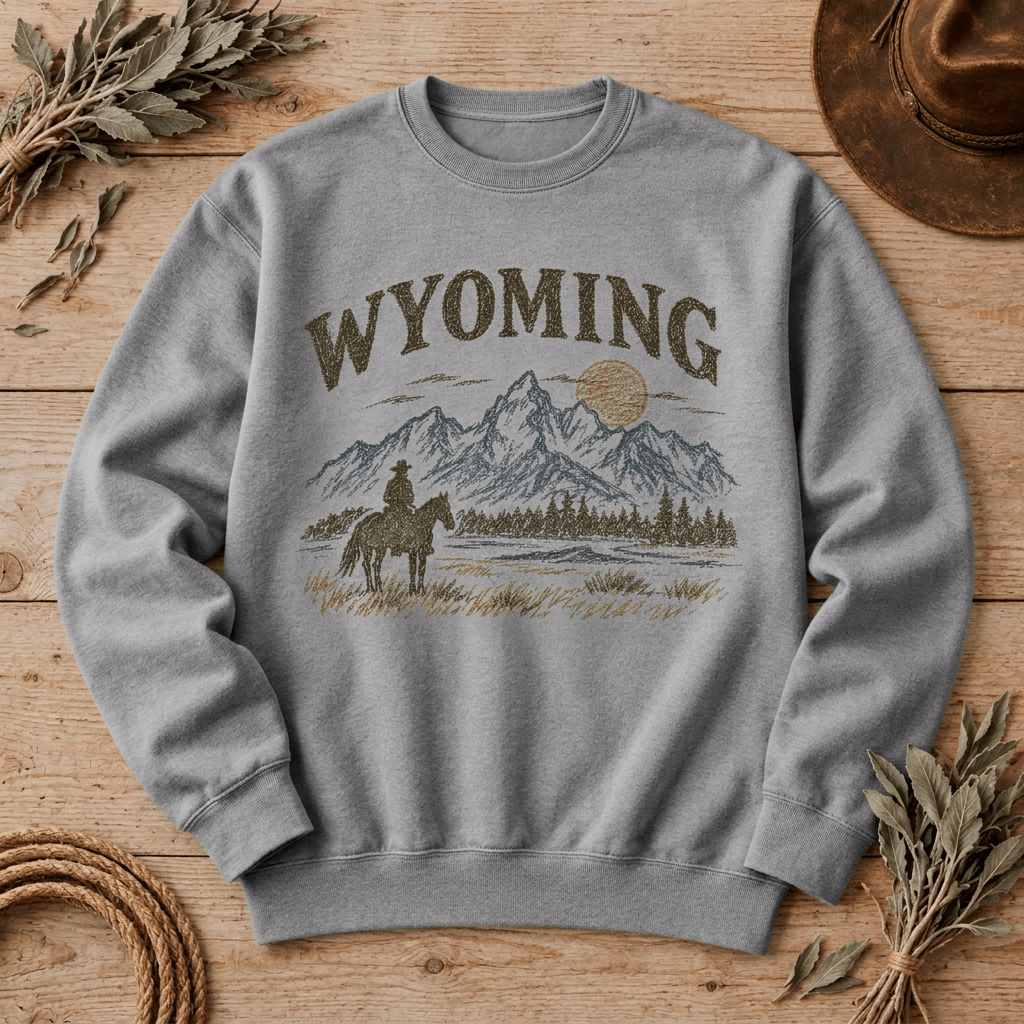 Wyoming Cowboy Sweater | Vintage Western Horse & Mountain Graphic Pullover - Kelso Designs
