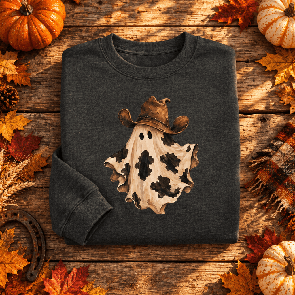 Cow Print Cowboy Ghost Crewneck Sweatshirt | Western Halloween Sweatshirt - Kelso Designs