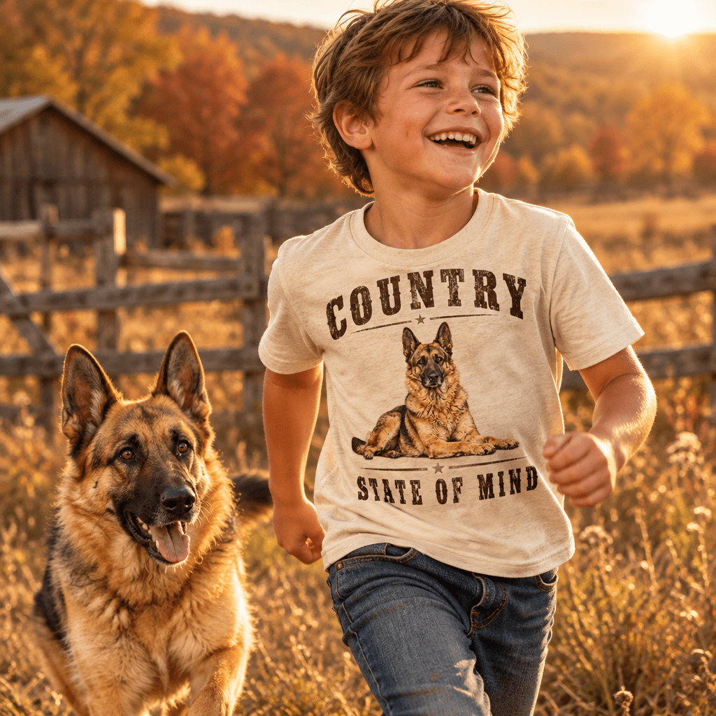 Country State of Mind Kids Graphic Tee | German Shepherd Shirt for Boys - Kelso Designs