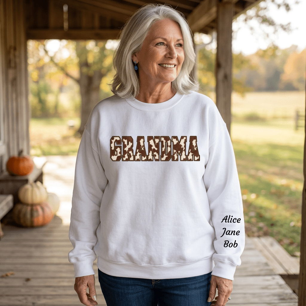 Personalized Cow Print GRANDMA Sweatshirt, Western Crewneck with Kids Names (Mother's Day Gift) - Kelso Designs
