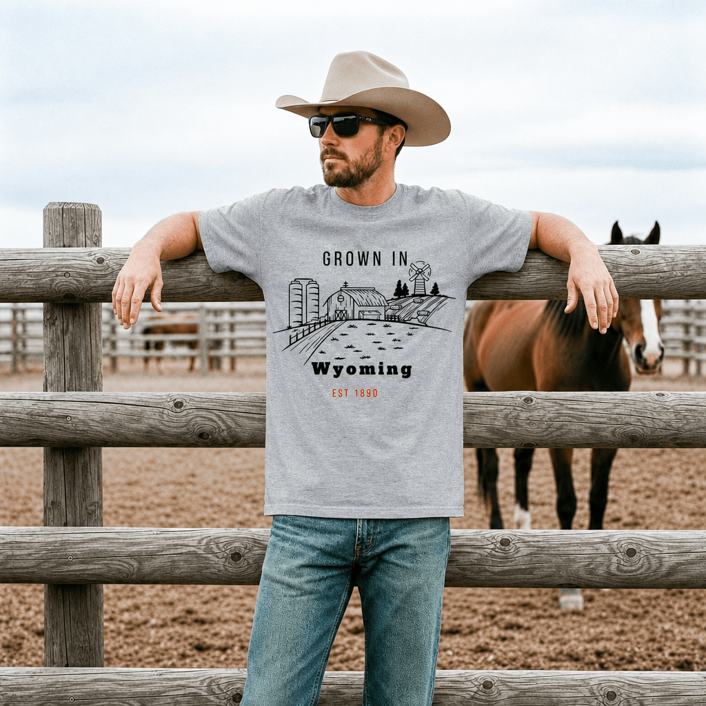 Grown in Wyoming Vintage Farm Tee | Barn, Field & Sunset Graphic | Cowboy State Pride - Kelso Designs