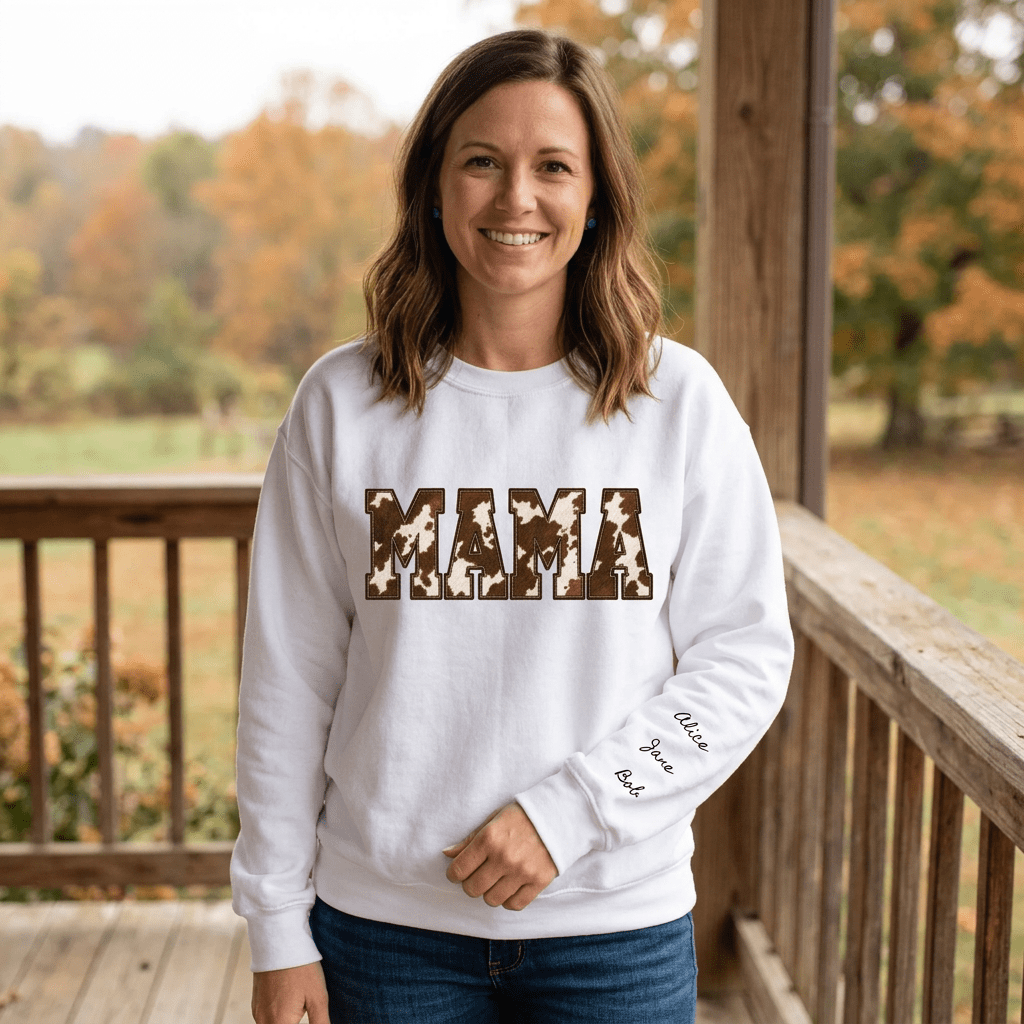 Personalized MAMA Cow Print Sweatshirt, Western Mom Crewneck with Kids Names on Sleeve, Mothers Day Gift, Cowhide Mama Sweater - Kelso Designs