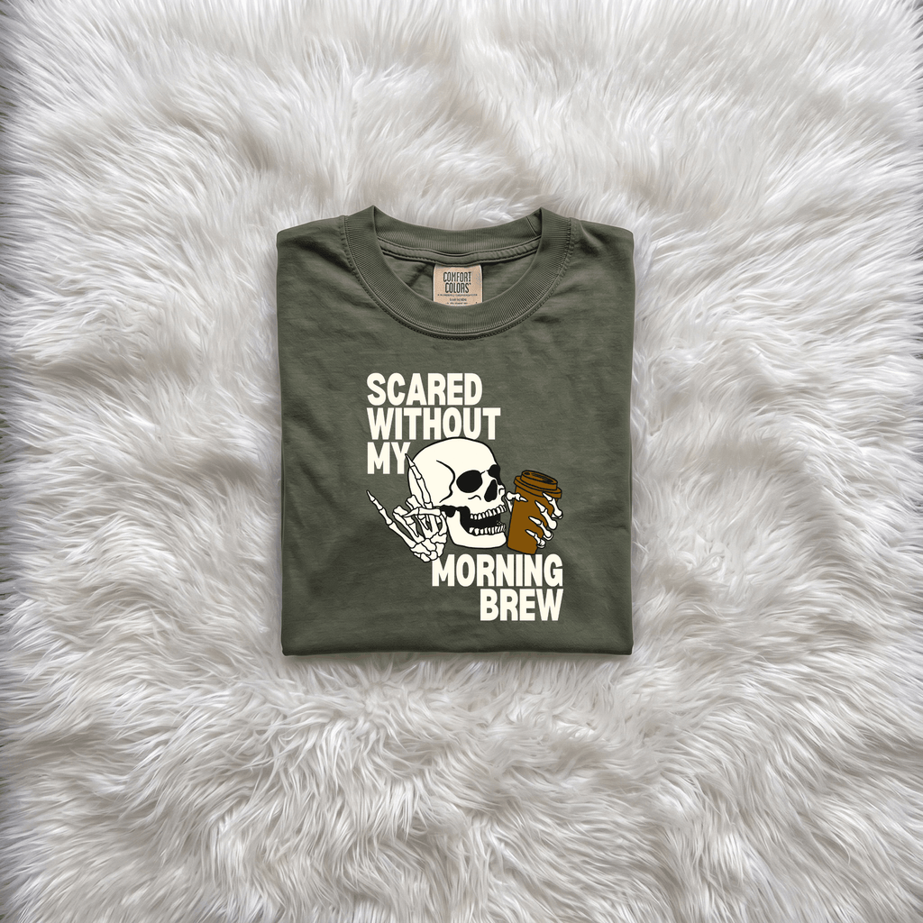 Scared Without My Morning Brew Skeleton Shirt | Halloween Coffee Graphic Tee - Kelso Designs