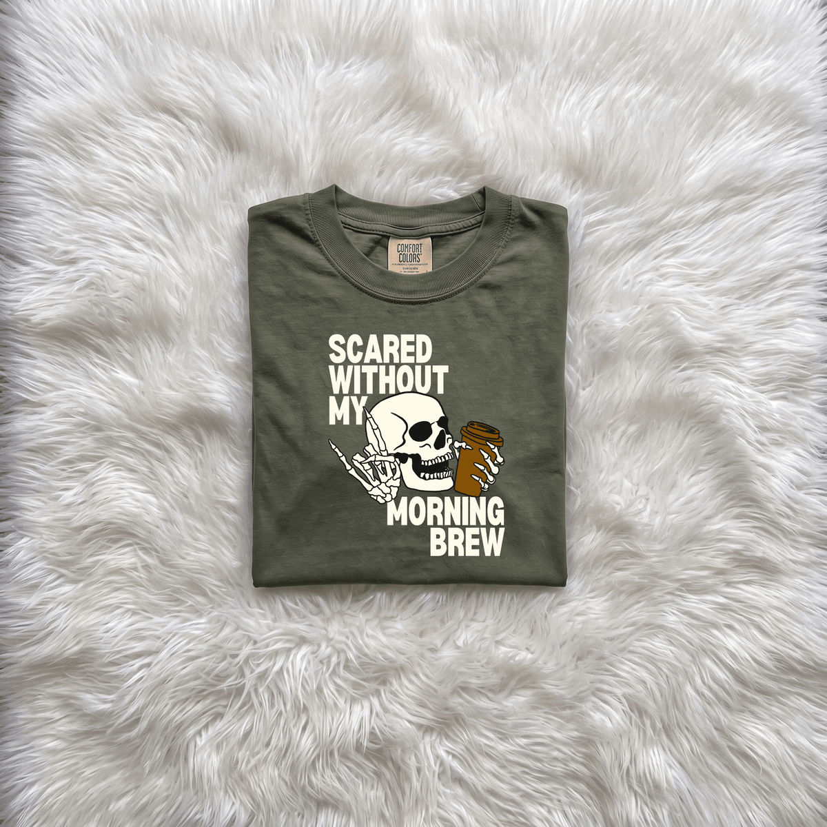 Scared Without My Morning Brew Skeleton Shirt | Halloween Coffee Graphic Tee - Kelso Designs