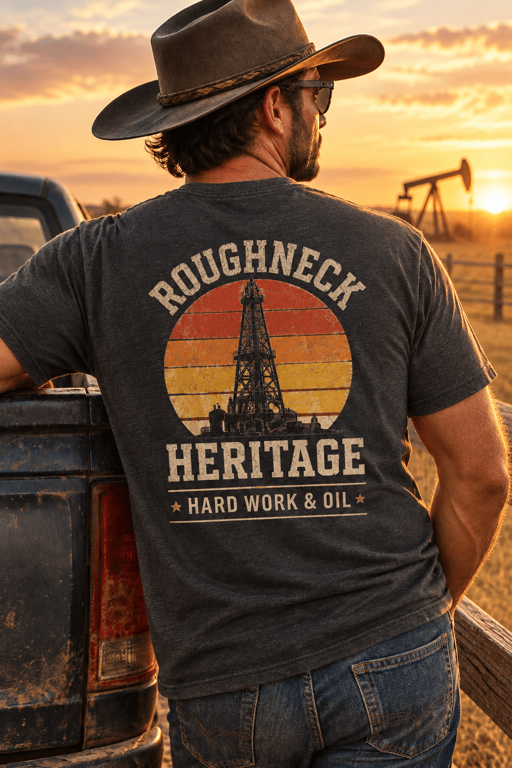 Roughneck Oilfield Tee - Retro Sunset Design, Perfect Gift for Workers - Kelso Designs