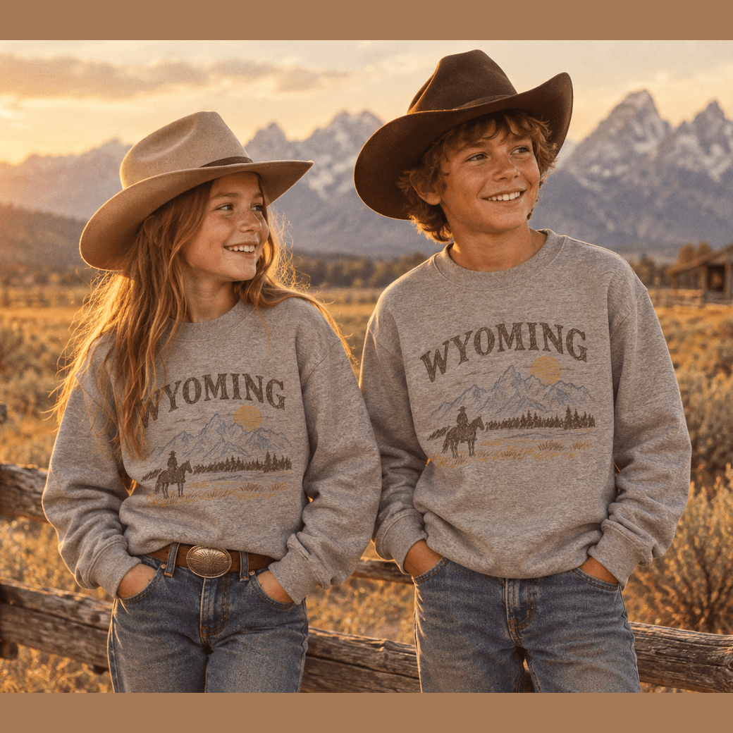 Youth Wyoming Sketched Cowboy Graphic Sweater | Western Mountain Horse Pullover for Kids - Kelso Designs