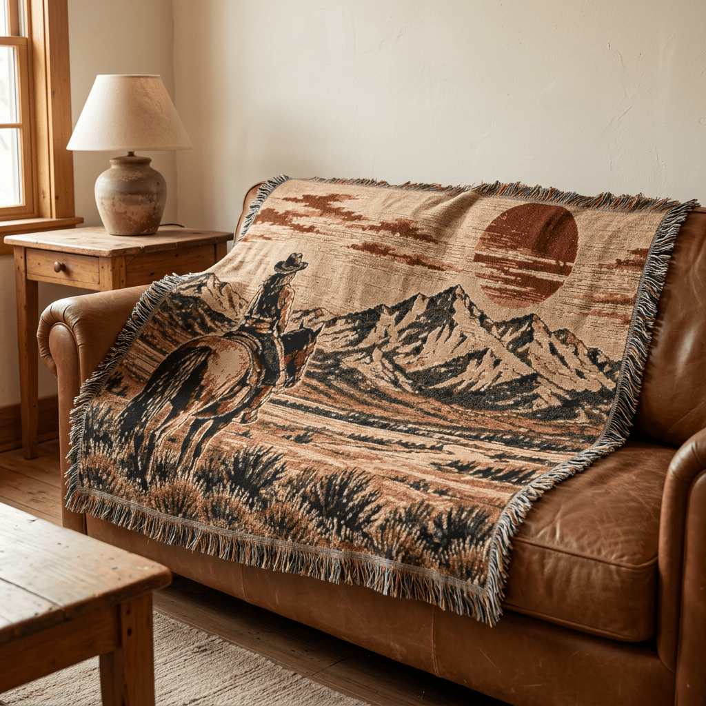 Western Cowboy Woven Blanket | Horse & Mountain Throw - Kelso Designs