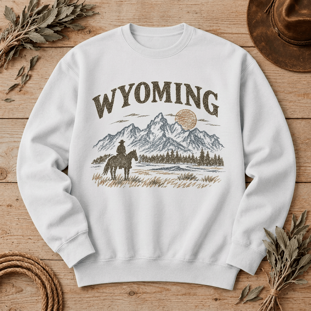 Wyoming Cowboy Sweater | Vintage Western Horse & Mountain Graphic Pullover - Kelso Designs