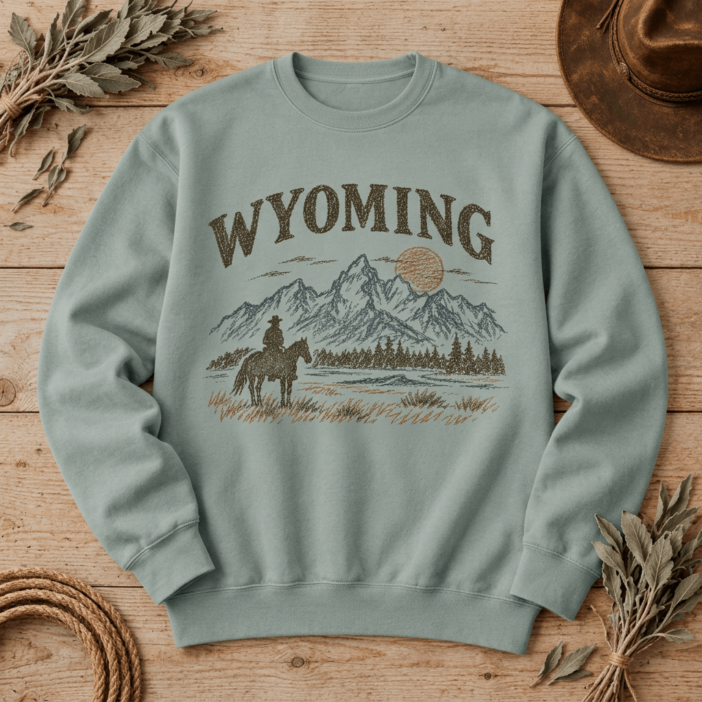 Wyoming Cowboy Sweater | Vintage Western Horse & Mountain Graphic Pullover - Kelso Designs